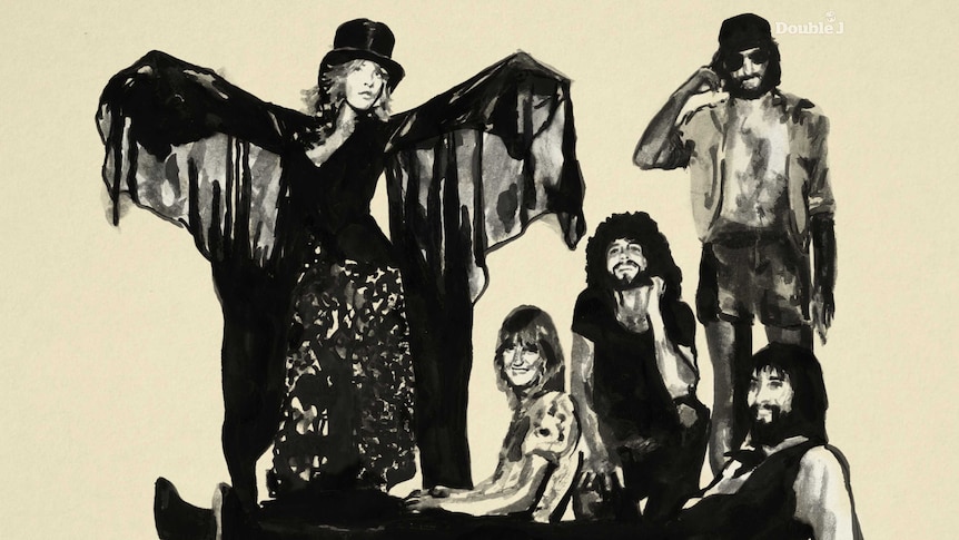 Illustration in black on cream background of Fleetwood Mac
