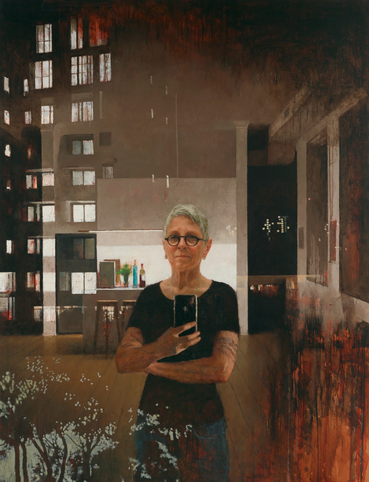 A painting of Jude Rae's reflection in a window, taking a selfie with her phone, showing the reflection and the view outside