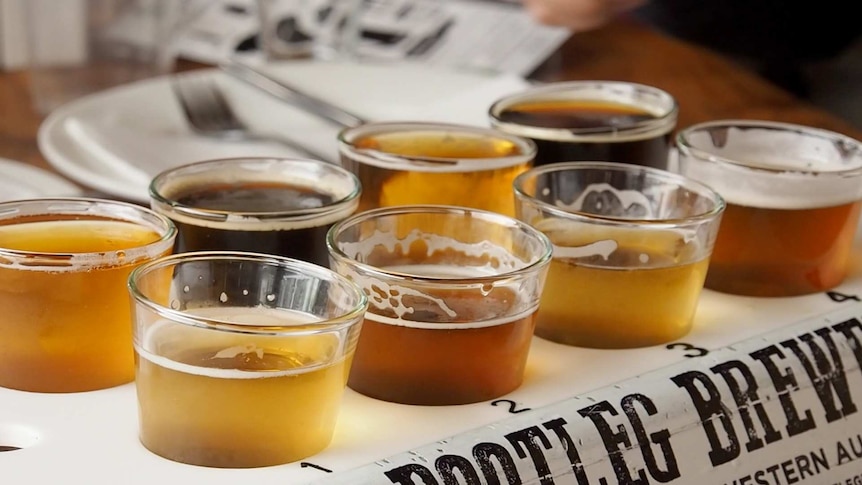 A tray of eight different craft beers