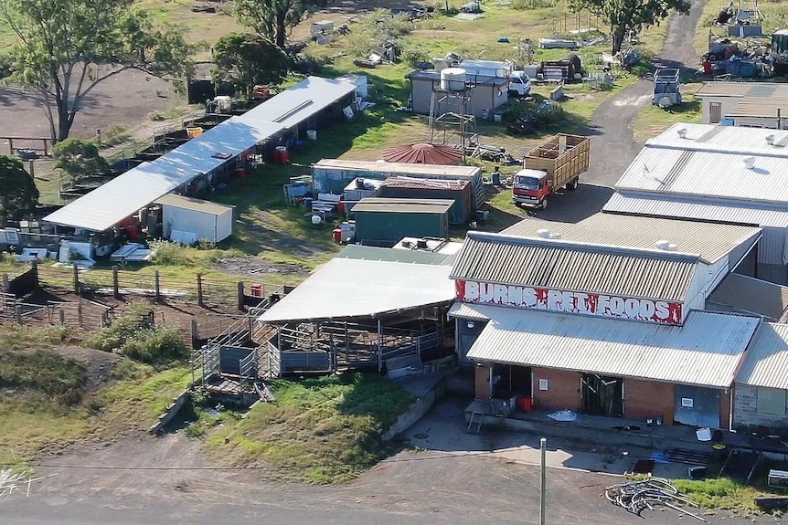 Aerial of sheds, buildings, pens and paddocks at Burns Pet Foods