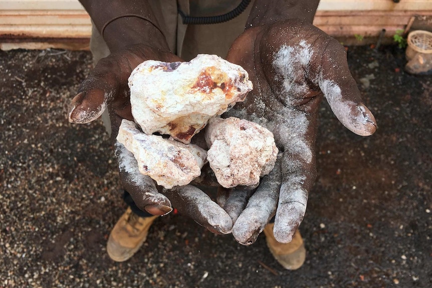 Two hands holding white ochre rocks