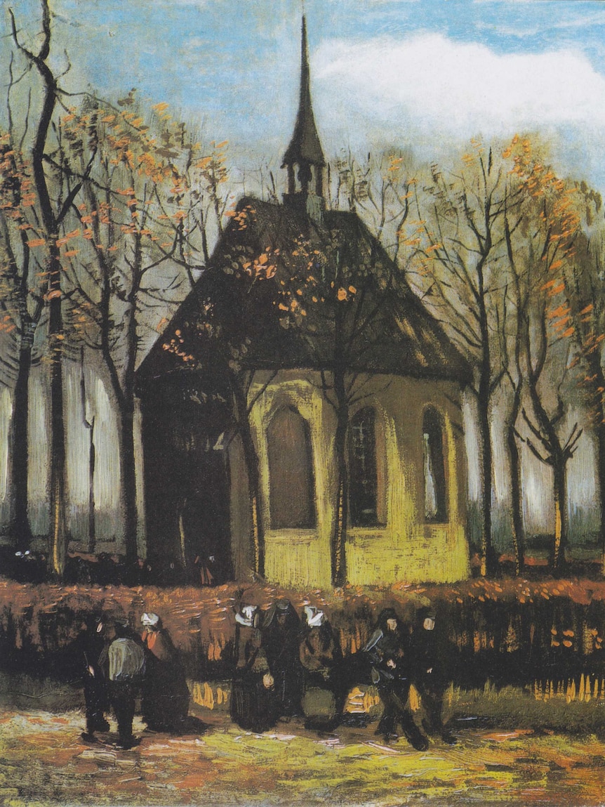 'Congregation Leaving the Reformed Church in Nuenen', a painting by Vincent van Gogh, 1884 - 1885.