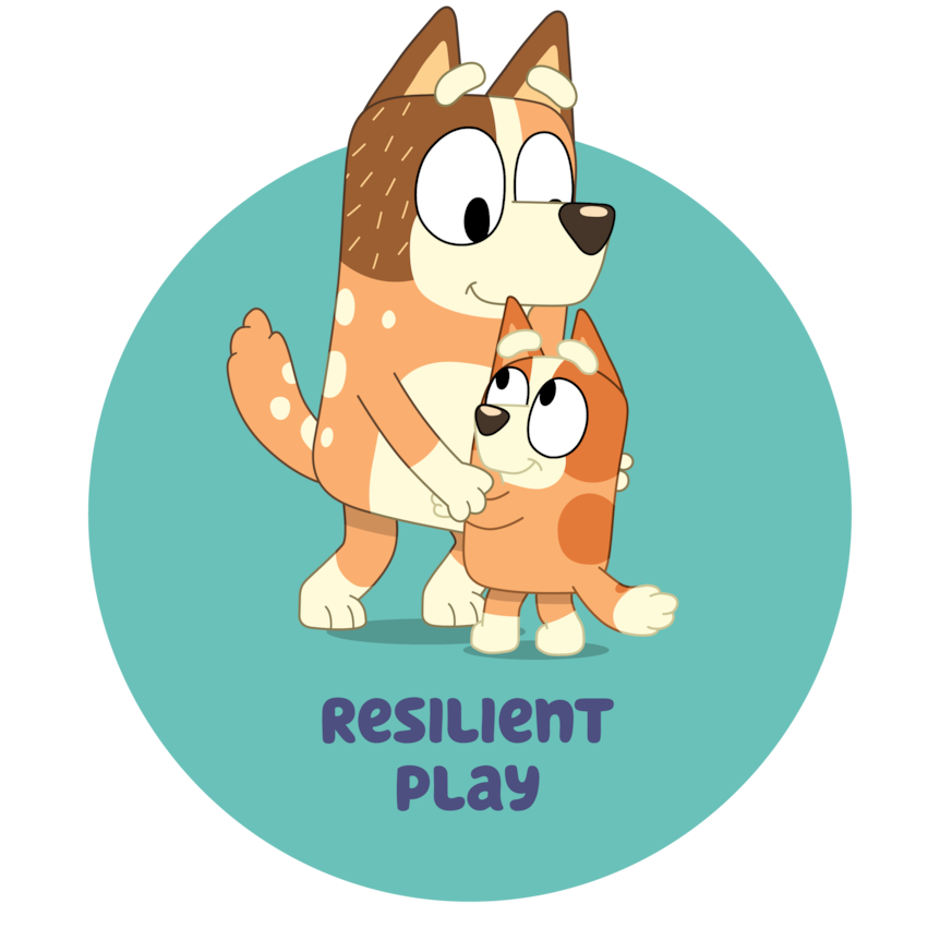 Circular image of Chilli with her arms around Bingo, with the text "Resilient Play"