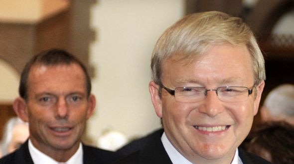 LtoR Opposition Leader Tony Abbott follows Prime Minister Kevin Rudd