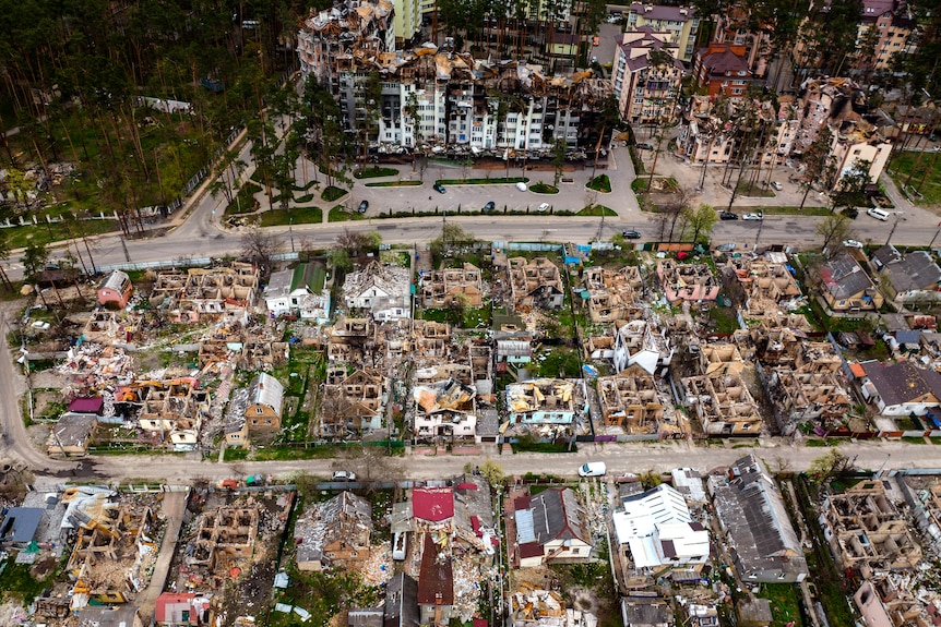 An aerial view of destroyed houses
