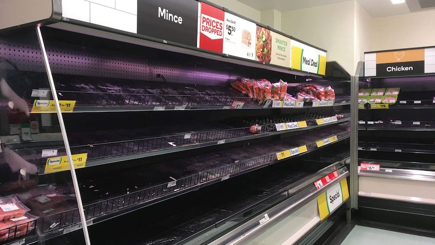 Empty fresh meat fridges in Woolworths supermarket near Brisbane.