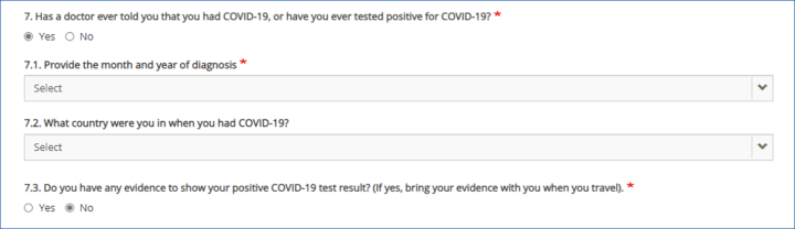 A screenshot shows several questions including the time and place you were diagnosed with COVID-19.