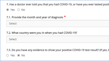 A screenshot shows several questions including the time and place you were diagnosed with COVID-19.