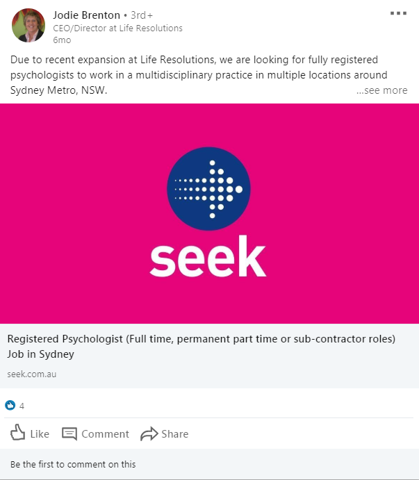 Jodie Brenton's LinkedIn page, containing a job advertisement for her "expanding" business, three months after liquidation.