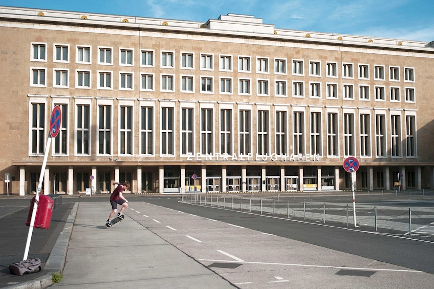 The entrance to Tempelhof Airport showcases the neo-classical architecture that defined Nazi regime buildings