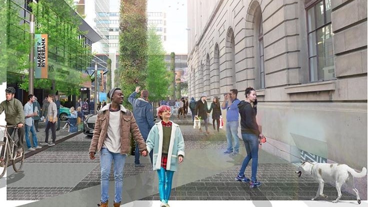 Artists impression of benthem street with human figures walking on grey paving with large buildings either side