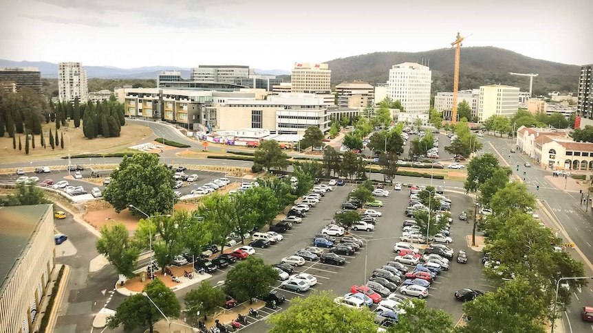 An overhead shot of two development sites being used as carparks in Canberra's city centre.