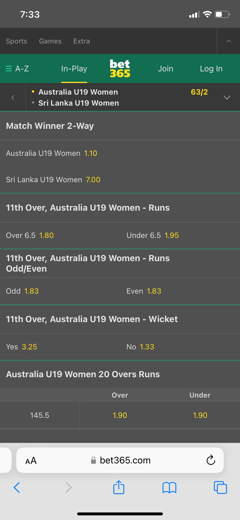 A screenshot showing odds for in-play bets offered by Bet365.