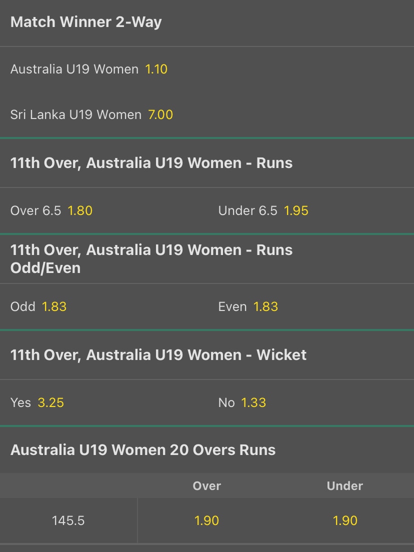 A screenshot showing odds for in-play bets offered by Bet365.