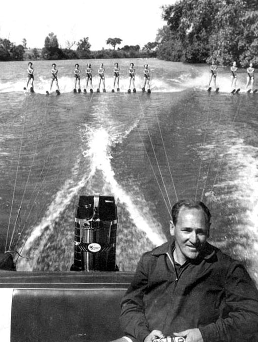 Keith Williams steers a speed boat towing water skiers at Surfer Paradise Ski Gardens