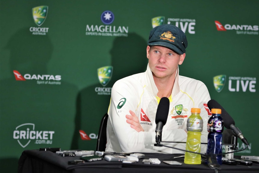 Steve Smith speaks at a media conference after day three of the first Ashes Test.