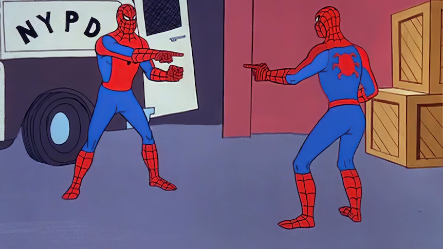 Two cartoon Spider-men point at each other.