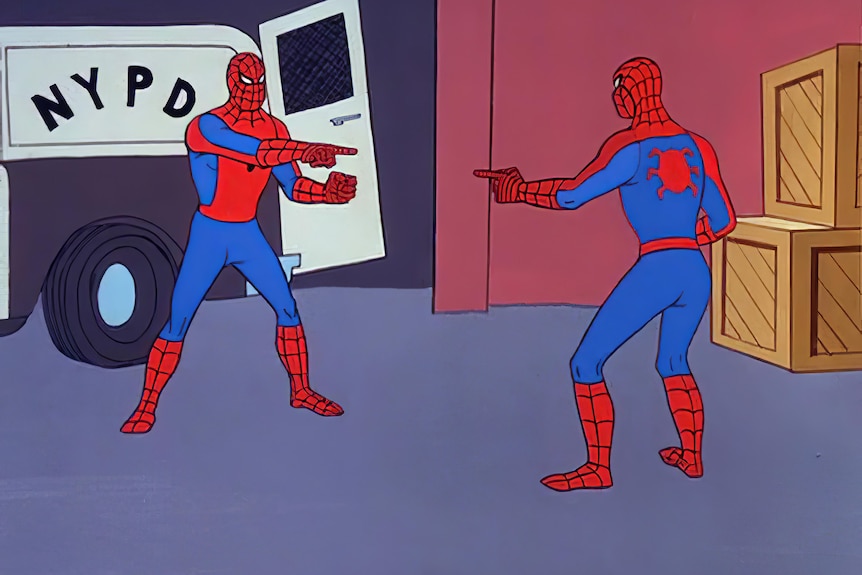 Two cartoon Spider-men point at each other.