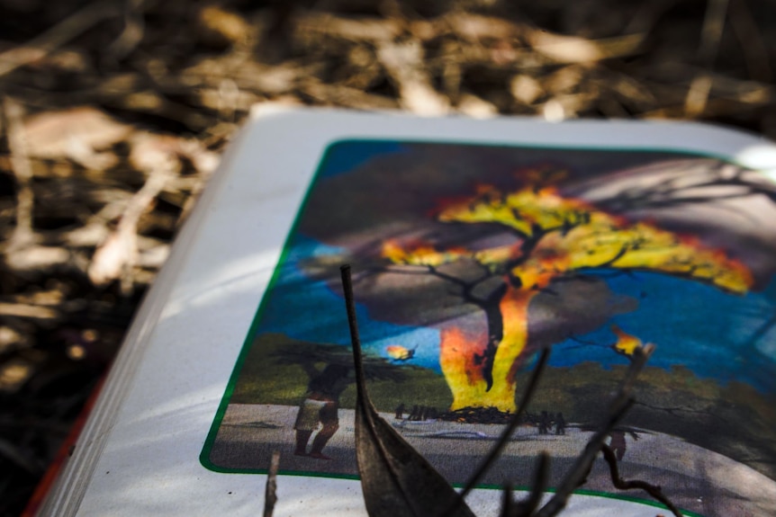A close-up of a book depicting a tree on fire.