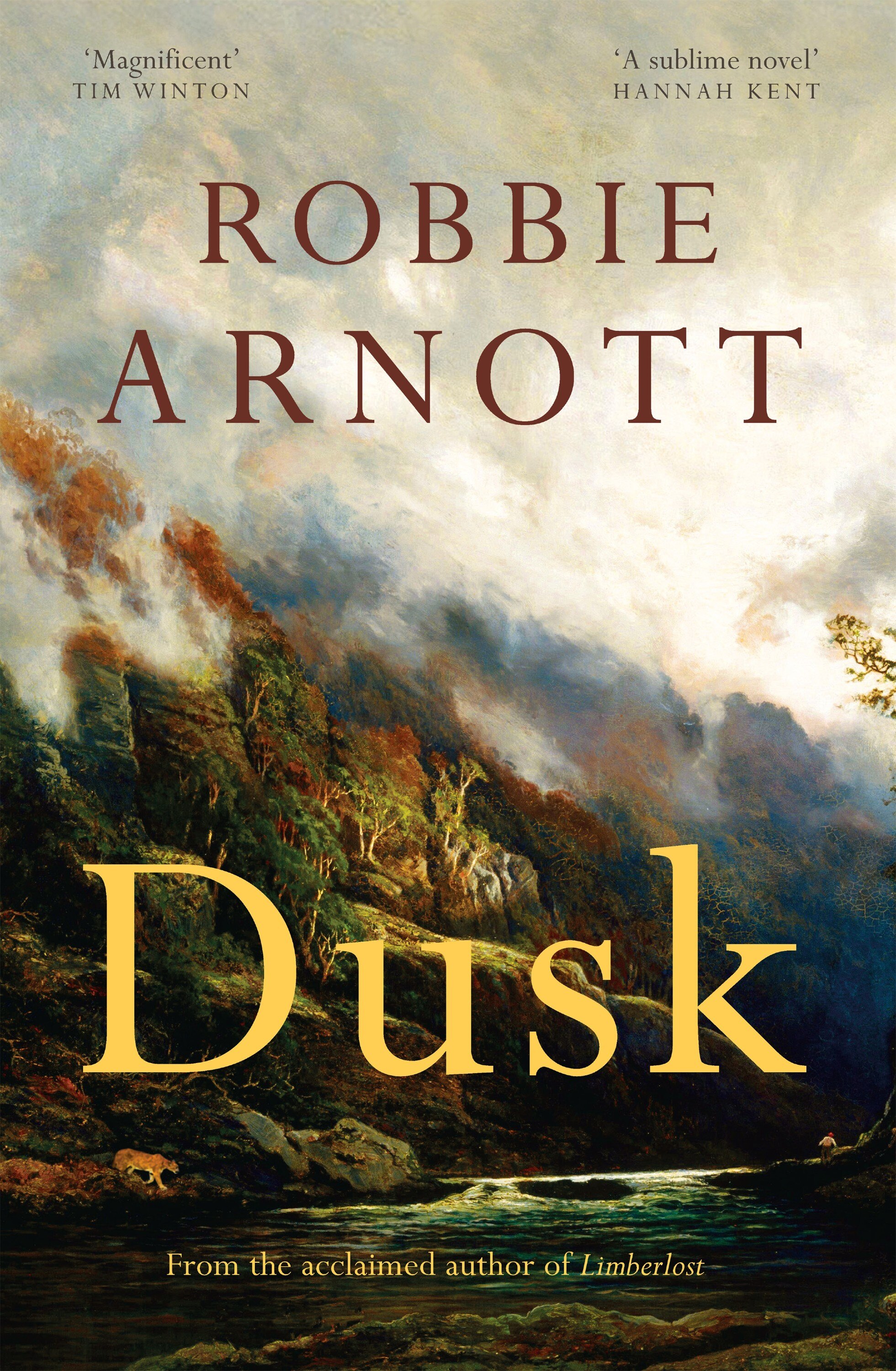 A book cover for Dusk by Robbie Arnott, featuring the a painting of the side of a Tasmanian mountain, obscured by fog.