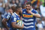 The Stormers celebrate a try against the Lions at Newlands.