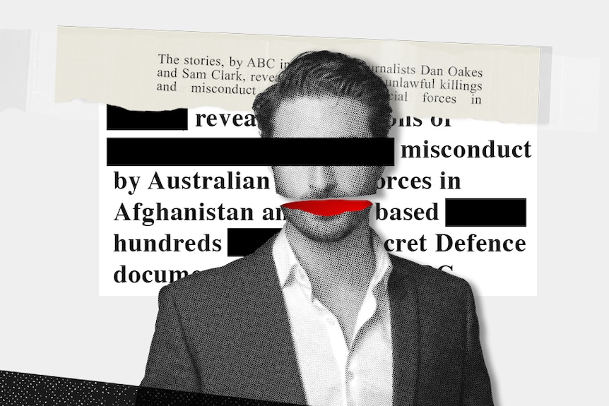 A collage of a man with a black line over his face in front of a portion of a redacted media story.