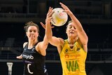Two netball players challenge for the ball during the Constellation Cup Test between New Zealand and Australia in Christchurch.