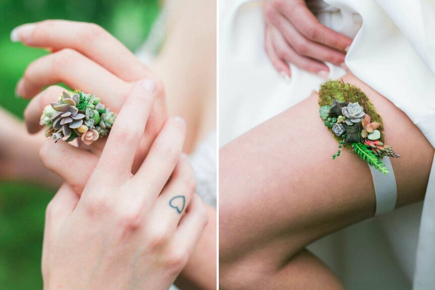 Succulent wedding ring and succulent garter.