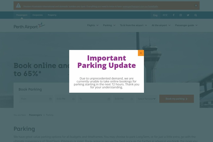 A message on Perth Airport's website, warning people to book parking early.