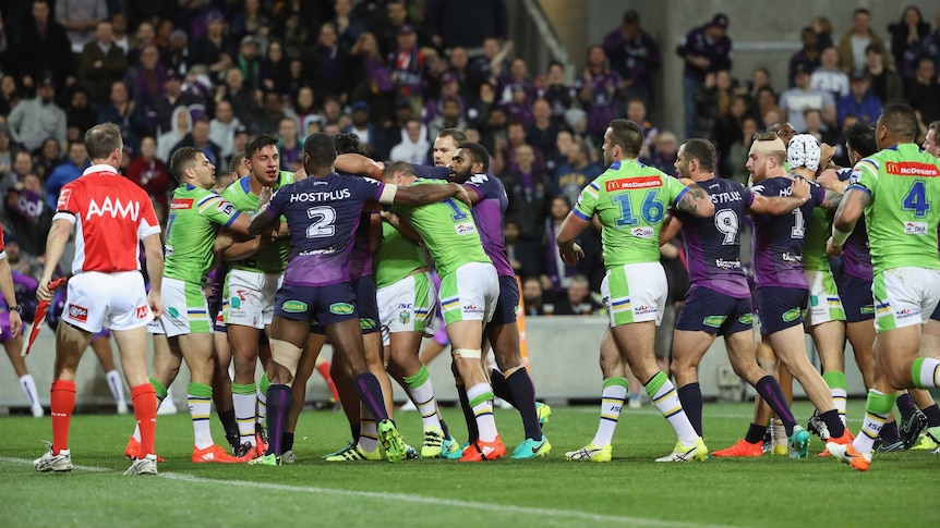 Melbourne Storm and Canberra Raiders players scuffle