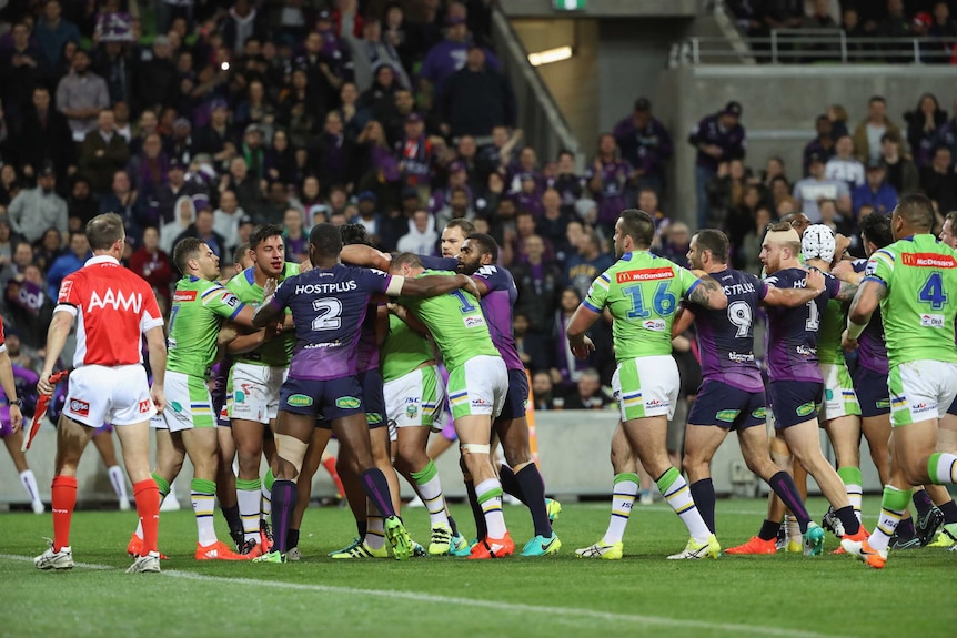Melbourne Storm and Canberra Raiders players scuffle