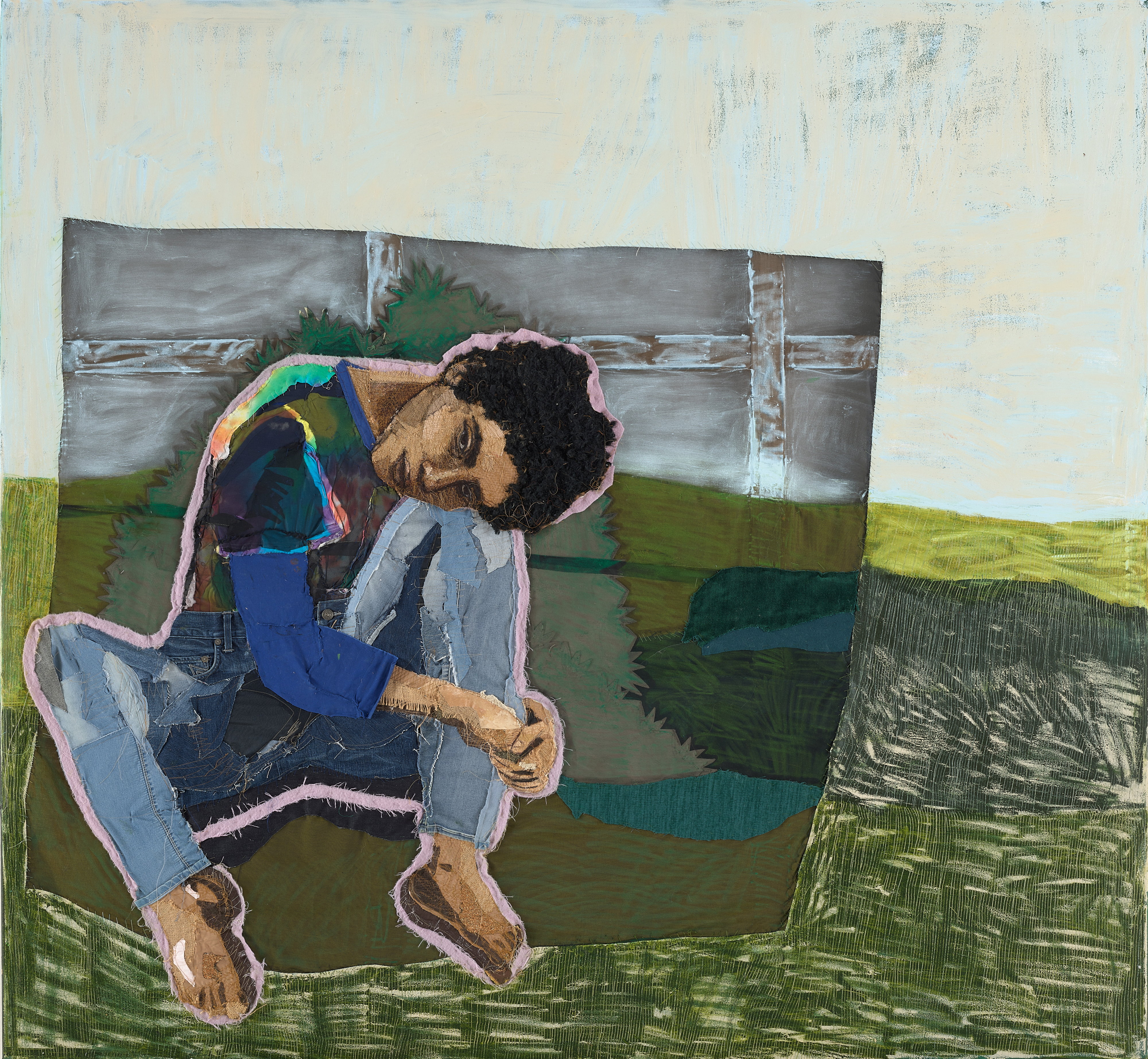 A mixed media artwork of a woman with short hair, resting her head on her knee.