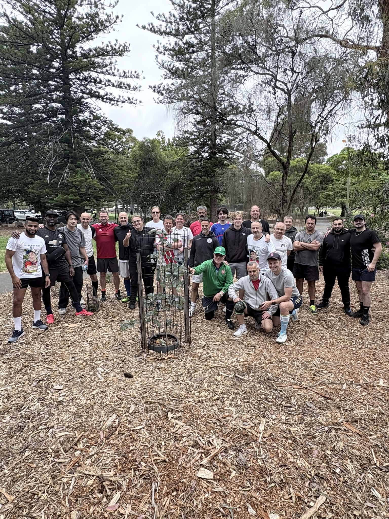 Un grupo de personas está de pie o arrodillada junto a un pequeño árbol en una valla protectora.
