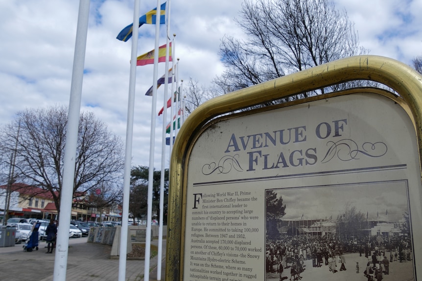 a sign with flags in the background