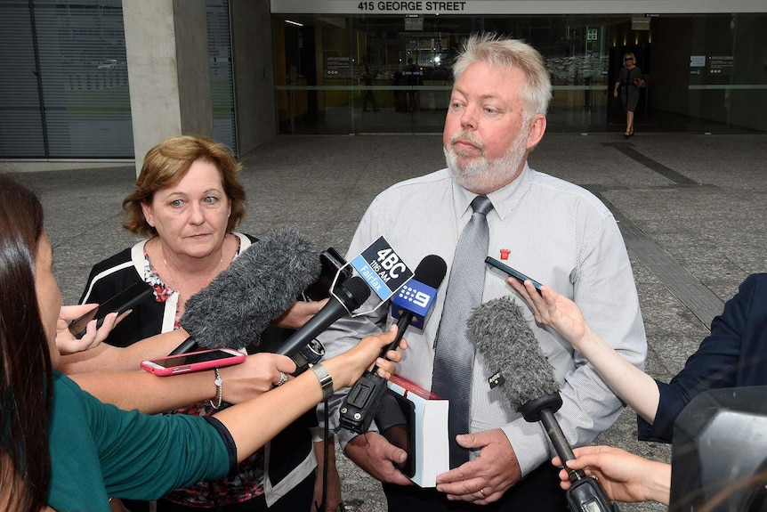 Bruce and Denise Morcombe speak to the media as they arrive at the Supreme Court in Brisbane