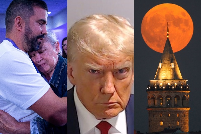 A composite image of two people hugging, Donald Trump's mugshot and a red moon rising.
