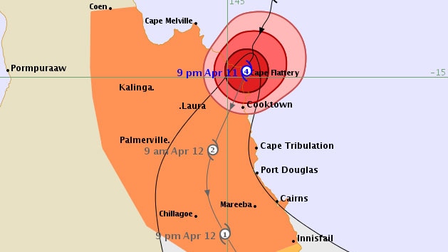 Severe Tropical Cyclone Ita track map - issues 9:12pm AEST April 11, 2014