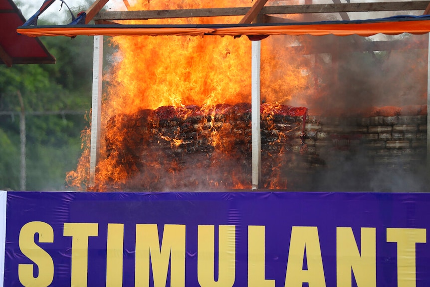 Smoke rises from burning illegal drugs during a destruction ceremony to mark International Day against drug abuse.