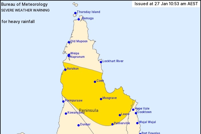 Severe weather warning shows yellow section where heavy falls are expected.