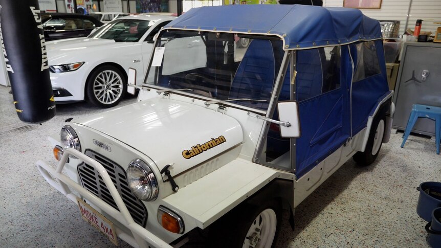 A white old school looking moke four wheel drive with a blue canvas top in a shed