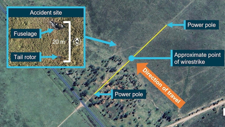 A birds-eye-view of a property with a diagram showing how close the crash site was to the powerline