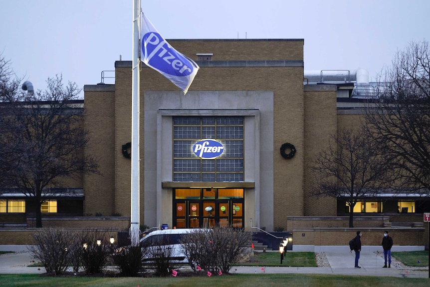 A Pfizer flag flies at the front of the companies Global Supply Kalamazoo manufacturing plant.
