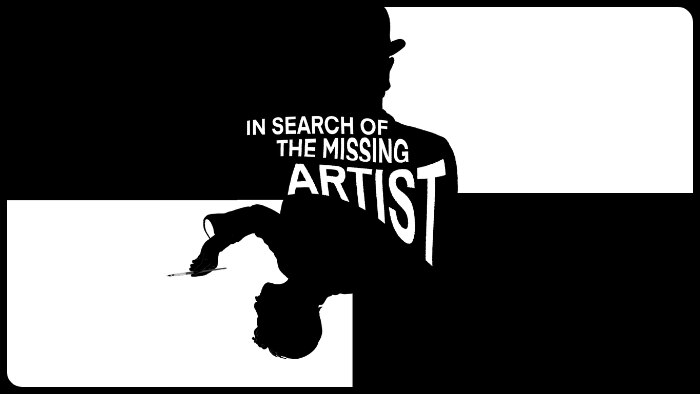 Title: In Search of a Missing Artist. Checkerboard black and white image of two silhouetted figures,