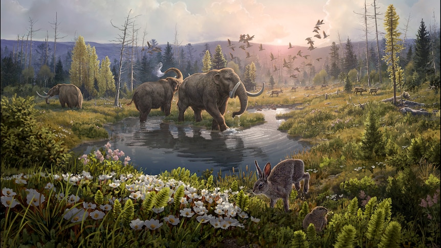 Artist's impression of lush landscape with mastodon, deer and rabbits