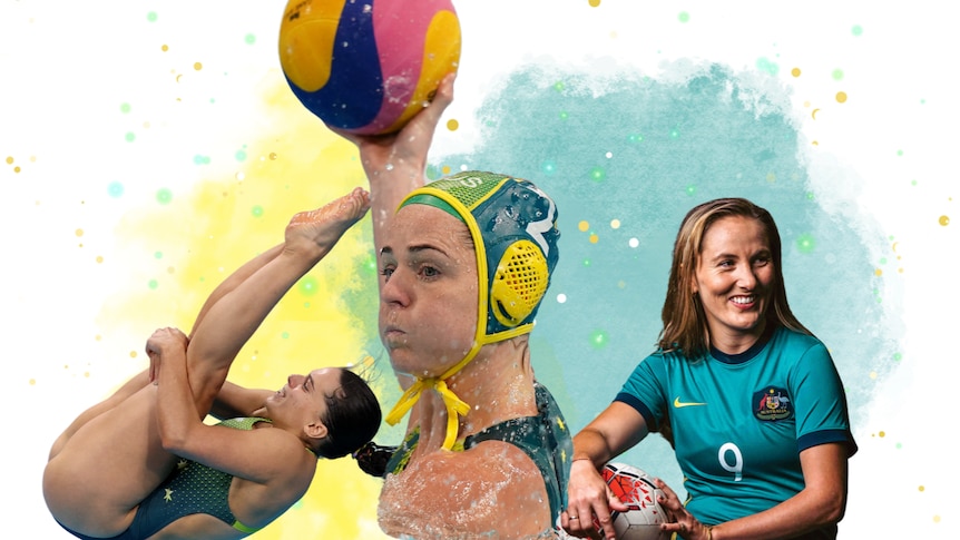 A stylised picture showing a diver mid-dive, a water polo player preparing to throw, and a Para Matildas player smiling