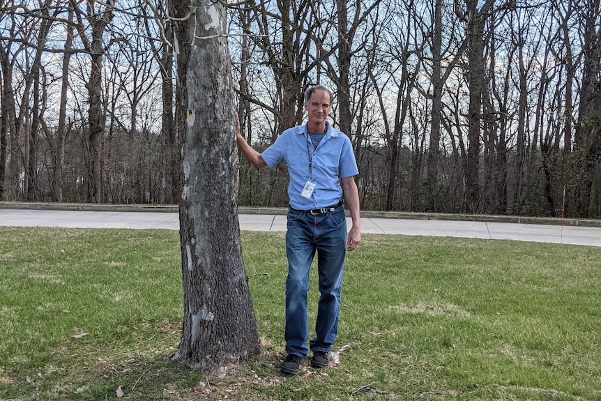 An older man stands by a tree.
