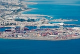 An aerial shot of a port. 