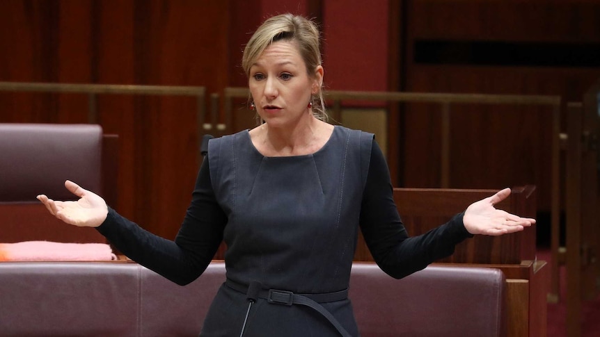Larissa Waters holds her arms outstretched as she talks in the Senate