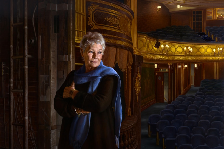 An oil painting of actor Judi Dench.
