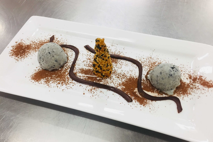 Two scoops of black sesame ice cream presented on a rectangle plate with a chocolate swirl down the middle